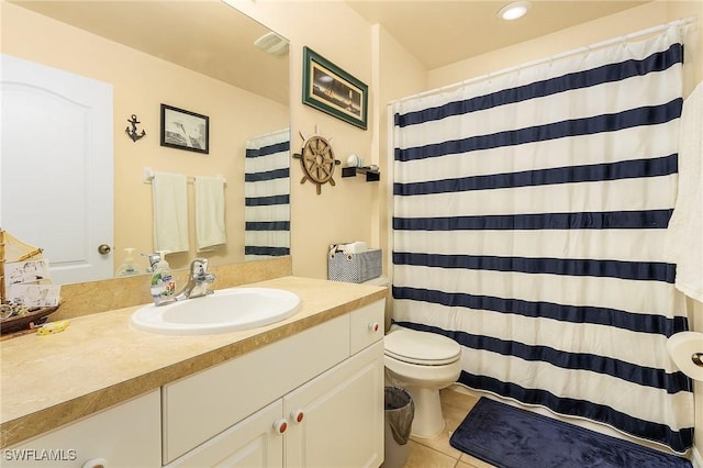 bathroom with toilet, tile patterned flooring, and vanity