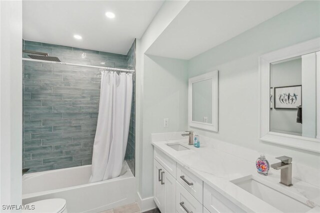 1298 Par View Dr, Sanibel, FL 33957 - bathroom with double vanity, shower / tub combo with curtain, toilet, and recessed lighting