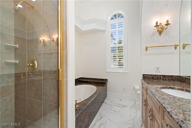 full bathroom with vanity, separate shower and tub, toilet, and ornamental molding