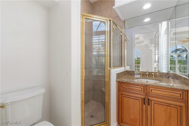 bathroom featuring vanity, an enclosed shower, and toilet