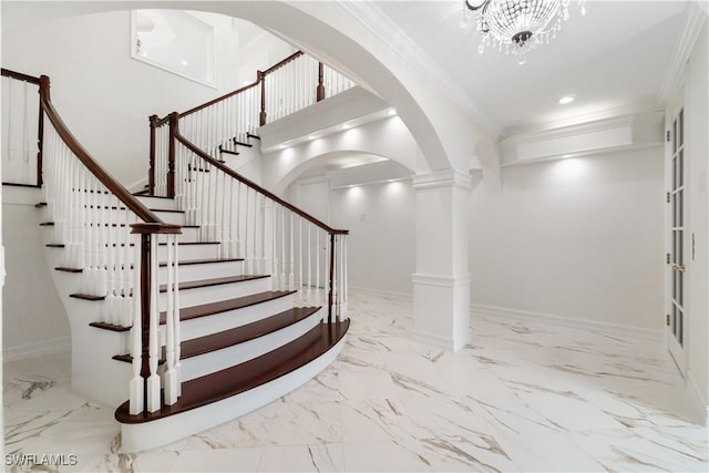 staircase with a notable chandelier and ornamental molding