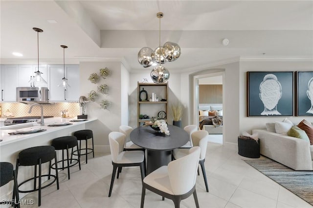 tiled dining area featuring a tray ceiling