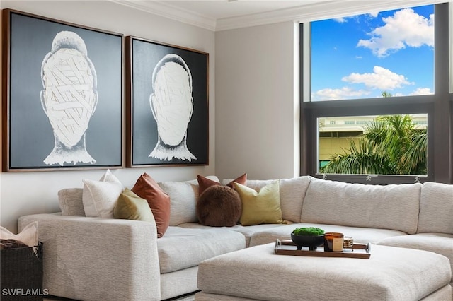 living room featuring ornamental molding