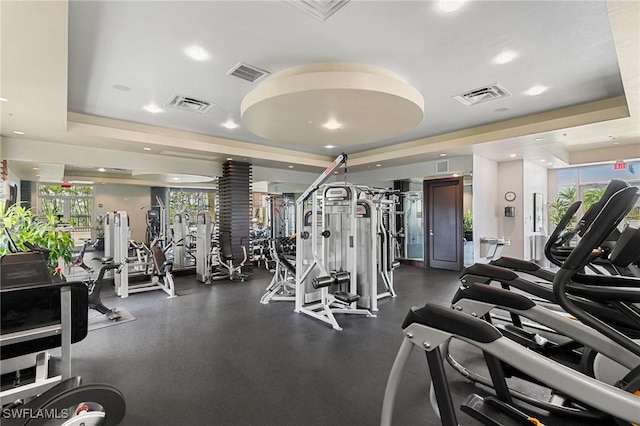 workout area featuring a raised ceiling