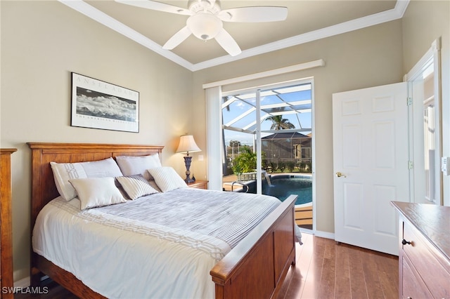 bedroom featuring access to outside, ceiling fan, crown molding, and dark wood-type flooring