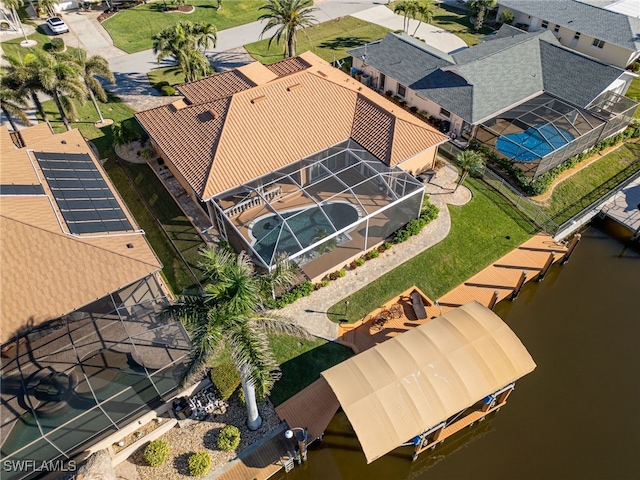 drone / aerial view featuring a water view