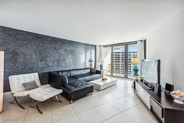 tiled living room with expansive windows