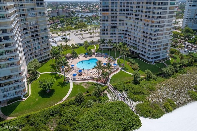 birds eye view of property featuring a water view