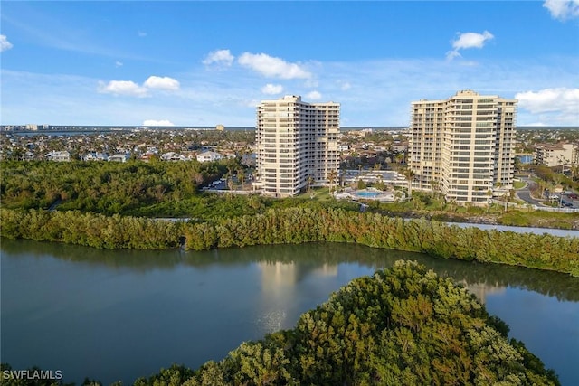 drone / aerial view with a water view