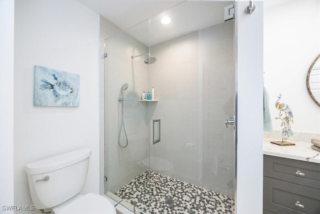 bathroom featuring a shower with door, vanity, and toilet