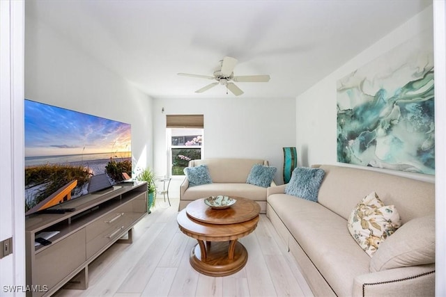 living room with ceiling fan and light hardwood / wood-style flooring