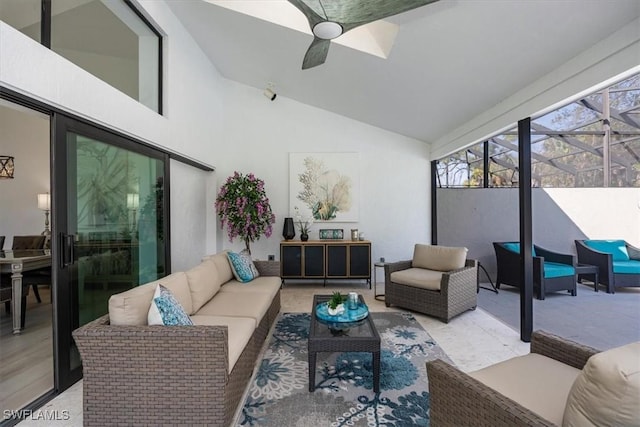 exterior space featuring an outdoor living space and ceiling fan