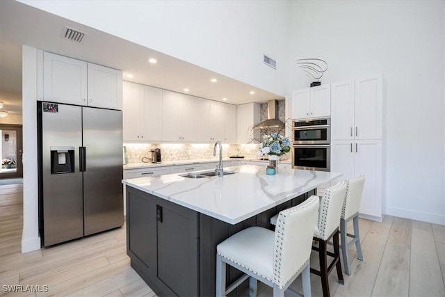 kitchen with white cabinets, sink, wall chimney exhaust hood, an island with sink, and stainless steel appliances