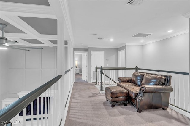 living area featuring beamed ceiling, crown molding, light carpet, and coffered ceiling