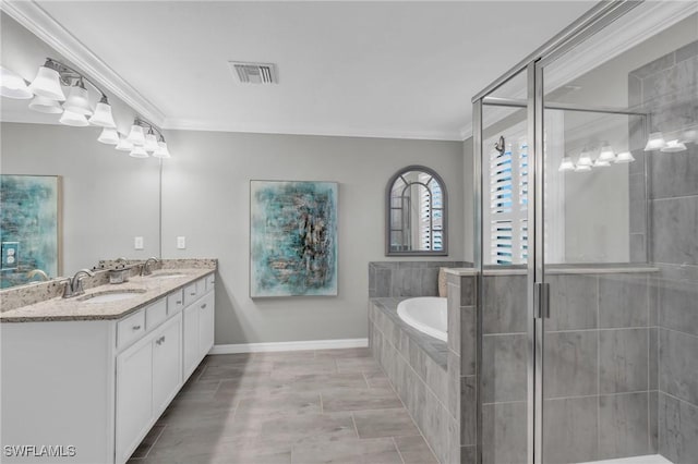 bathroom with shower with separate bathtub, vanity, tile patterned floors, and crown molding