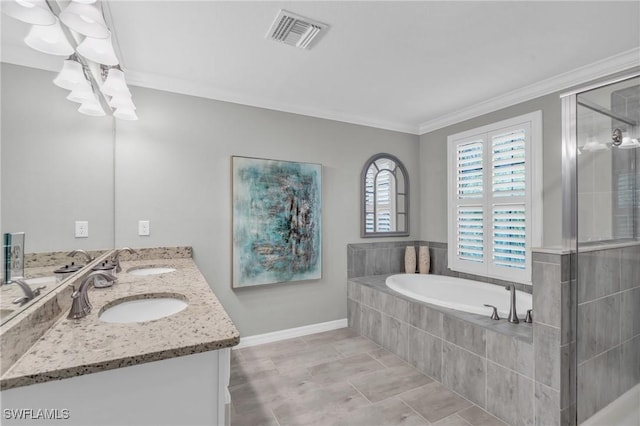 bathroom featuring tile patterned floors, plus walk in shower, vanity, and ornamental molding