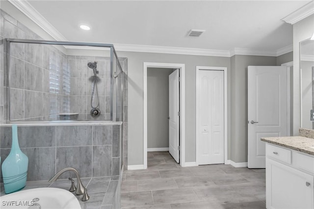 bathroom featuring vanity, separate shower and tub, and ornamental molding