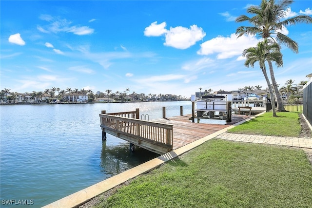 view of dock featuring a water view and a lawn