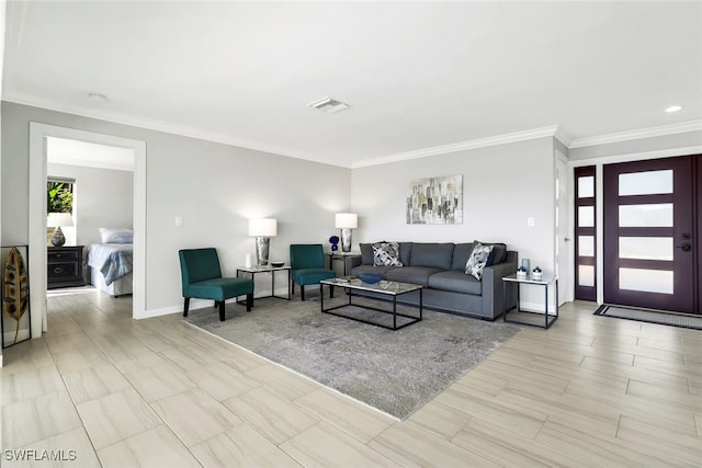 living room with crown molding