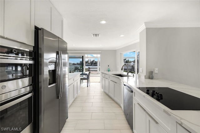 kitchen with light stone countertops, sink, white cabinets, and appliances with stainless steel finishes