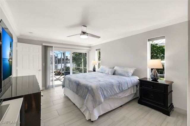 bedroom with access to exterior, ceiling fan, and ornamental molding