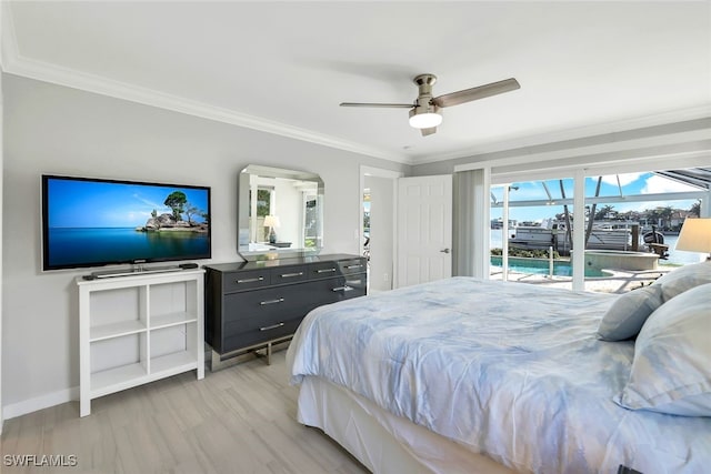 bedroom with access to outside, ceiling fan, crown molding, and light hardwood / wood-style floors