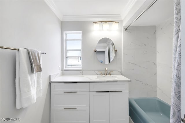 bathroom with vanity, ornamental molding, and tub / shower combination