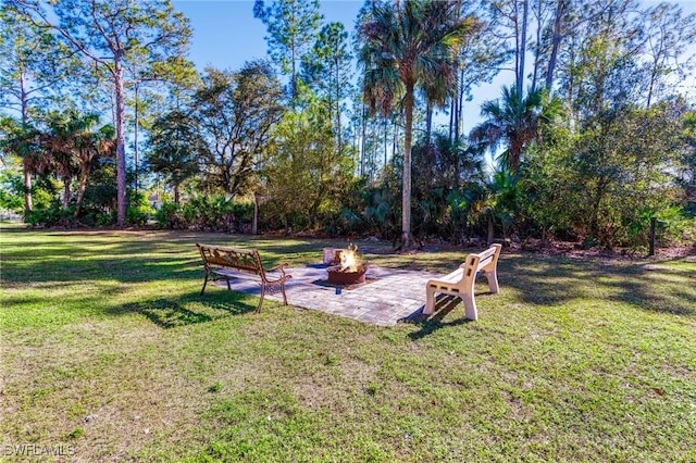 view of yard with a patio and a fire pit