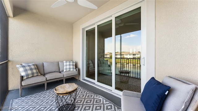 balcony featuring ceiling fan