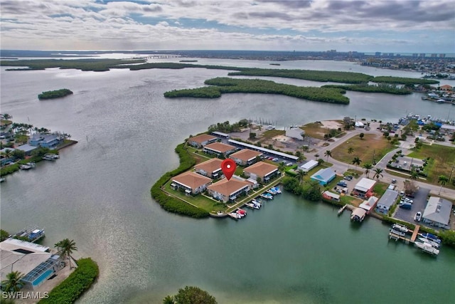 bird's eye view with a water view