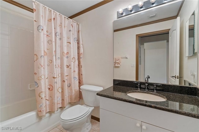 bathroom with toilet, shower / bath combo with shower curtain, ornamental molding, vanity, and tile patterned flooring