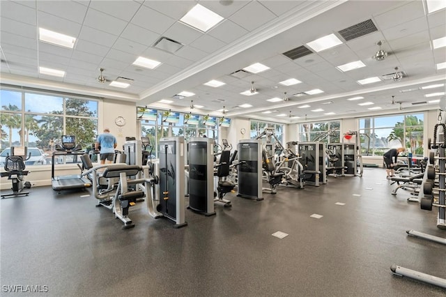 workout area featuring a paneled ceiling and visible vents