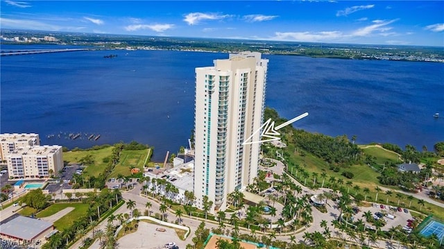 drone / aerial view featuring a water view