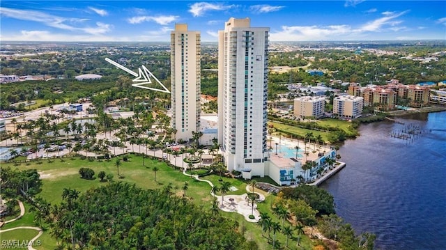 drone / aerial view featuring a water view