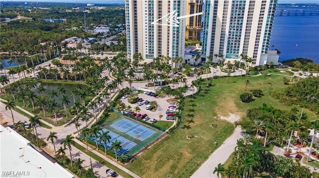 bird's eye view with a water view