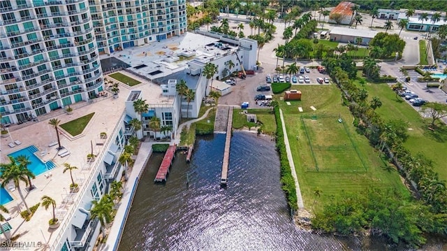 birds eye view of property featuring a water view