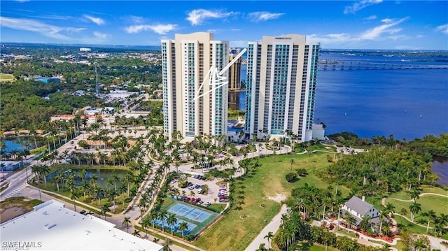 birds eye view of property featuring a water view