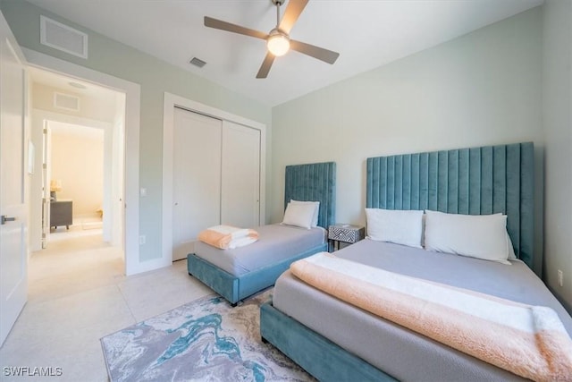 bedroom with ceiling fan and a closet