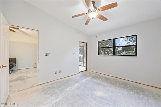 unfurnished bedroom with vaulted ceiling and ceiling fan