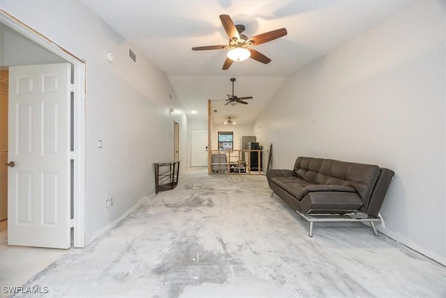 sitting room featuring lofted ceiling and ceiling fan