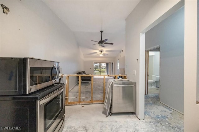 living room with lofted ceiling and ceiling fan