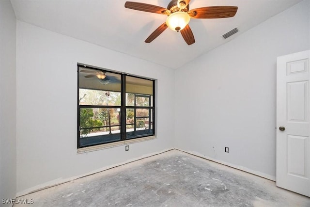 unfurnished room with a ceiling fan and visible vents