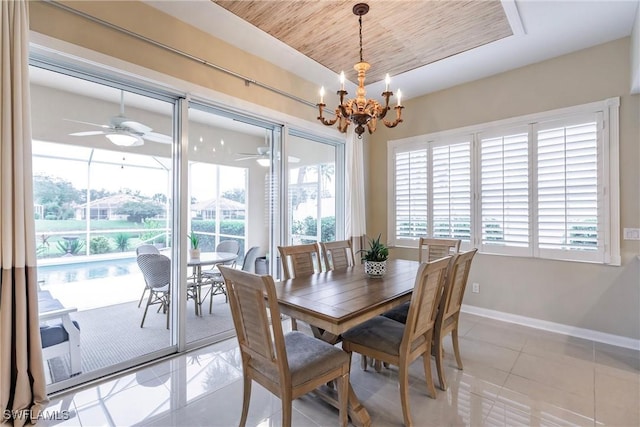 tiled dining area featuring ceiling fan with notable chandelier and wooden ceiling