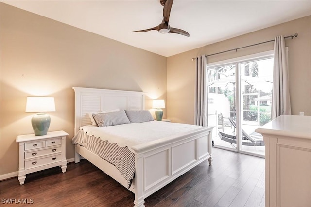 bedroom featuring access to exterior, dark hardwood / wood-style flooring, and ceiling fan