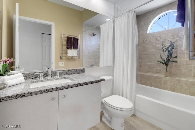 full bathroom with toilet, vanity, shower / bathtub combination with curtain, and tile patterned flooring