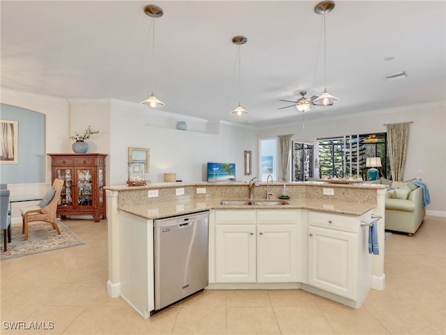 kitchen with dishwasher, ceiling fan, sink, white cabinetry, and decorative light fixtures