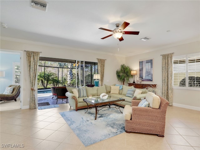 13538 Troia Dr, Estero, FL 33928 - living room with light tile patterned floors, visible vents, and a ceiling fan