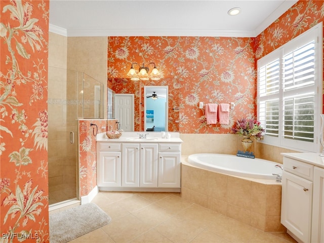 bathroom with ornamental molding, separate shower and tub, tile patterned flooring, and vanity