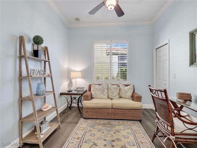 13538 Troia Dr, Estero, FL 33928 - living room featuring ceiling fan, baseboards, ornamental molding, and wood finished floors