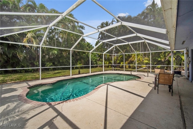 view of swimming pool featuring a lanai and a patio